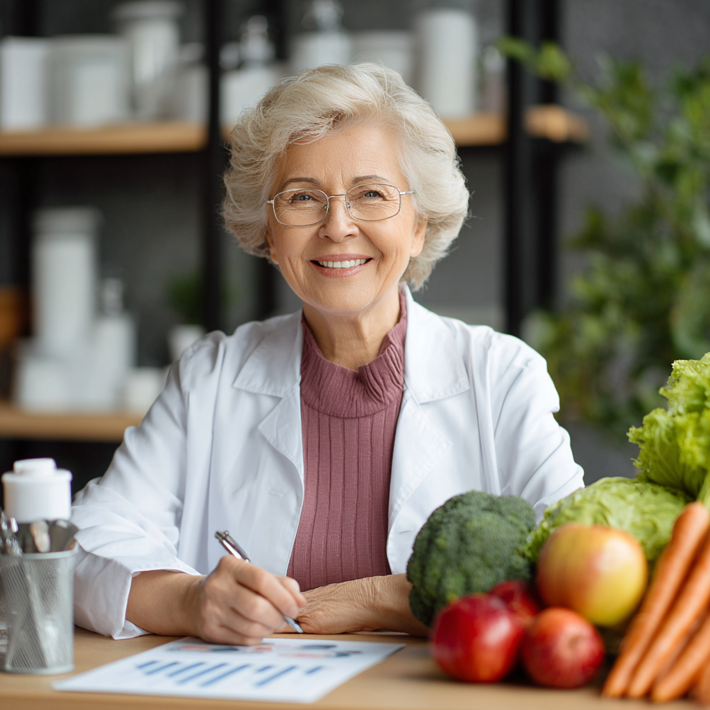 Smiling elderly European couple preparing healthy meals together in a modern kitchen, showing fresh vegetables and nutritious ingredients