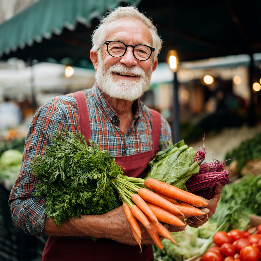 Happy elderly European man and woman reviewing their weekly meal plan together at a kitchen table with fresh healthy ingredients